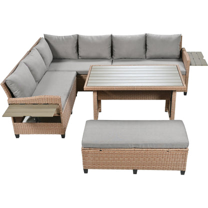 TOMAX 5-Piece Outdoor Patio Rattan Sofa Set, Sectional PE Wicker L-Shaped Garden Furniture Set with 2 Extendable Side Tables, Dining Table and Washable Covers for Backyard, Poolside, Indoor, Brown image 8