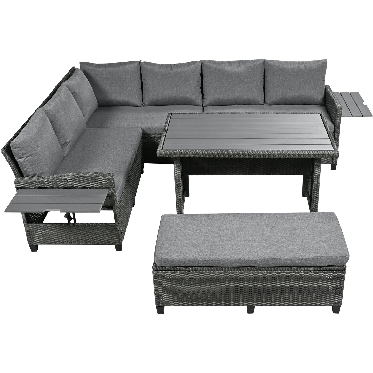 TOMAX 5-Piece Outdoor Patio Rattan Sofa Set, Sectional PE Wicker L-Shaped Garden Furniture Set with 2 Extendable Side Tables, Dining Table and Washable Covers for Backyard, Poolside, Indoor, Grey image 10