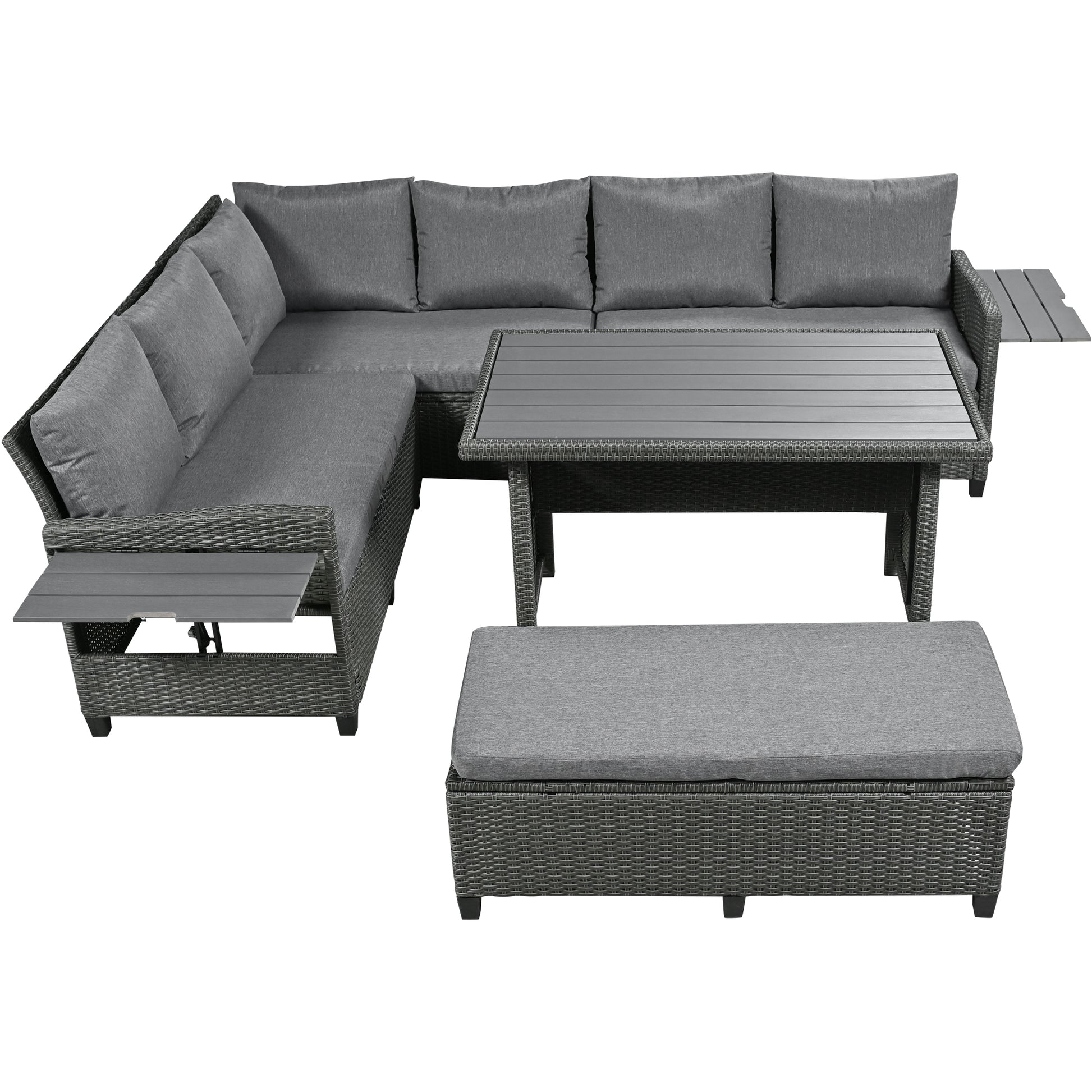 TOMAX 5-Piece Outdoor Patio Rattan Sofa Set, Sectional PE Wicker L-Shaped Garden Furniture Set with 2 Extendable Side Tables, Dining Table and Washable Covers for Backyard, Poolside, Indoor, Grey image 10