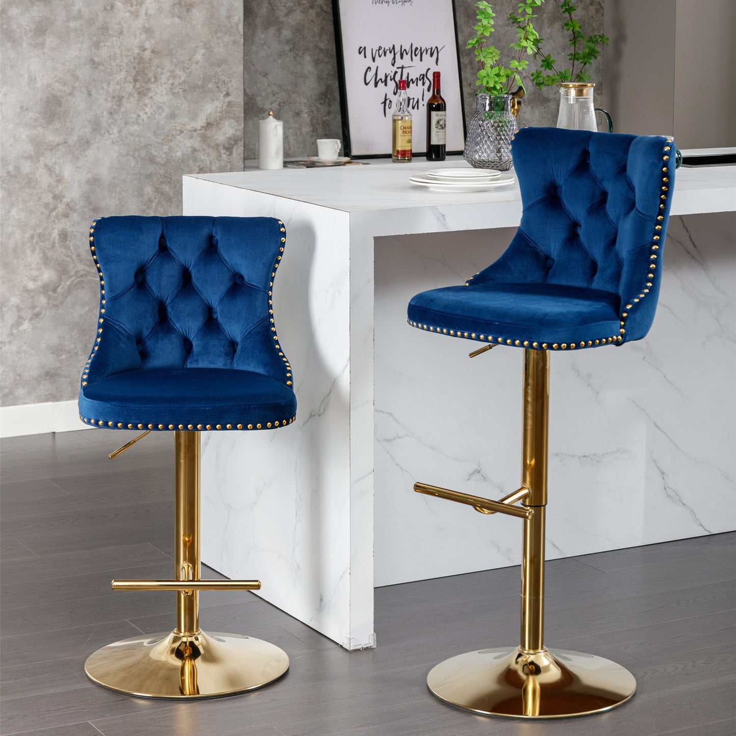 A&A Furniture,Golden Swivel Velvet Barstools Adjusatble Seat Height from 25-33 Inch, Modern Upholstered Bar Stools with Backs Comfortable Tufted for Home Pub and Kitchen Island,Blue,Set of 2 image 1