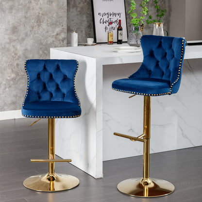 A&A Furniture,Golden Swivel Velvet Barstools Adjusatble Seat Height from 25-33 Inch, Modern Upholstered Bar Stools with Backs Comfortable Tufted for Home Pub and Kitchen Island,Blue,Set of 2 image 1