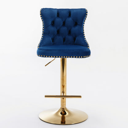A&A Furniture,Golden Swivel Velvet Barstools Adjusatble Seat Height from 25-33 Inch, Modern Upholstered Bar Stools with Backs Comfortable Tufted for Home Pub and Kitchen Island,Blue,Set of 2 image 2