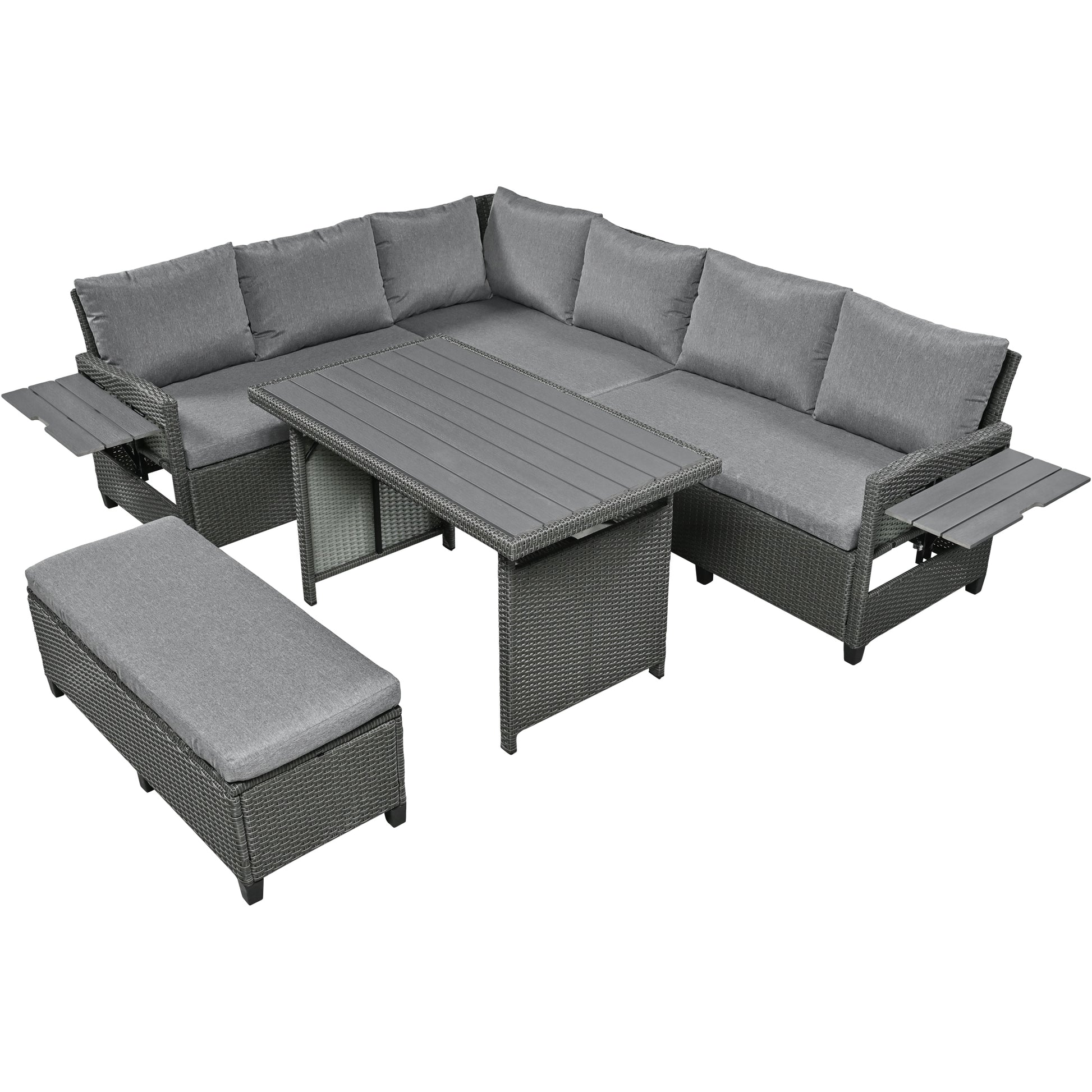 TOMAX 5-Piece Outdoor Patio Rattan Sofa Set, Sectional PE Wicker L-Shaped Garden Furniture Set with 2 Extendable Side Tables, Dining Table and Washable Covers for Backyard, Poolside, Indoor, Grey image 8