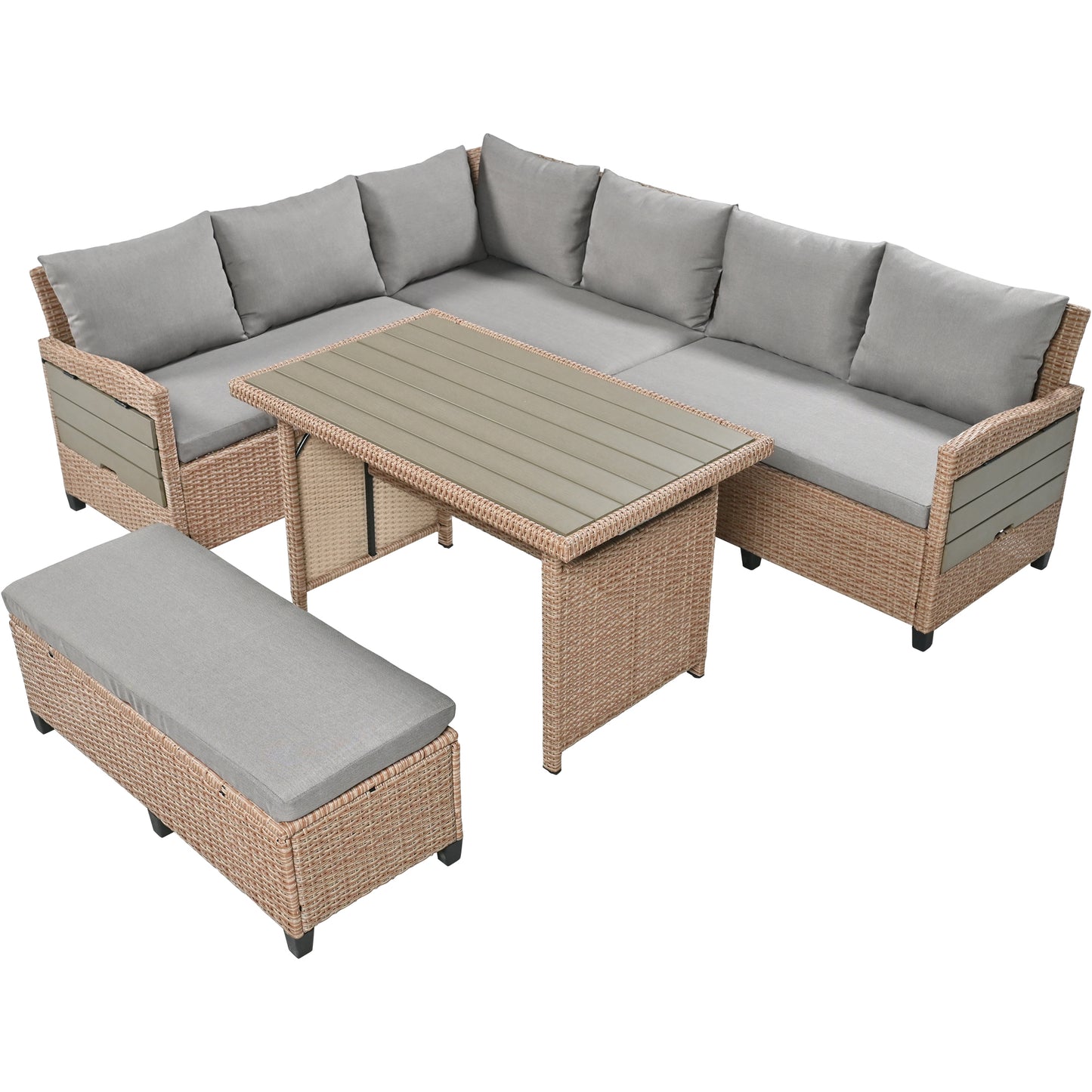 TOMAX 5-Piece Outdoor Patio Rattan Sofa Set, Sectional PE Wicker L-Shaped Garden Furniture Set with 2 Extendable Side Tables, Dining Table and Washable Covers for Backyard, Poolside, Indoor, Brown image 10