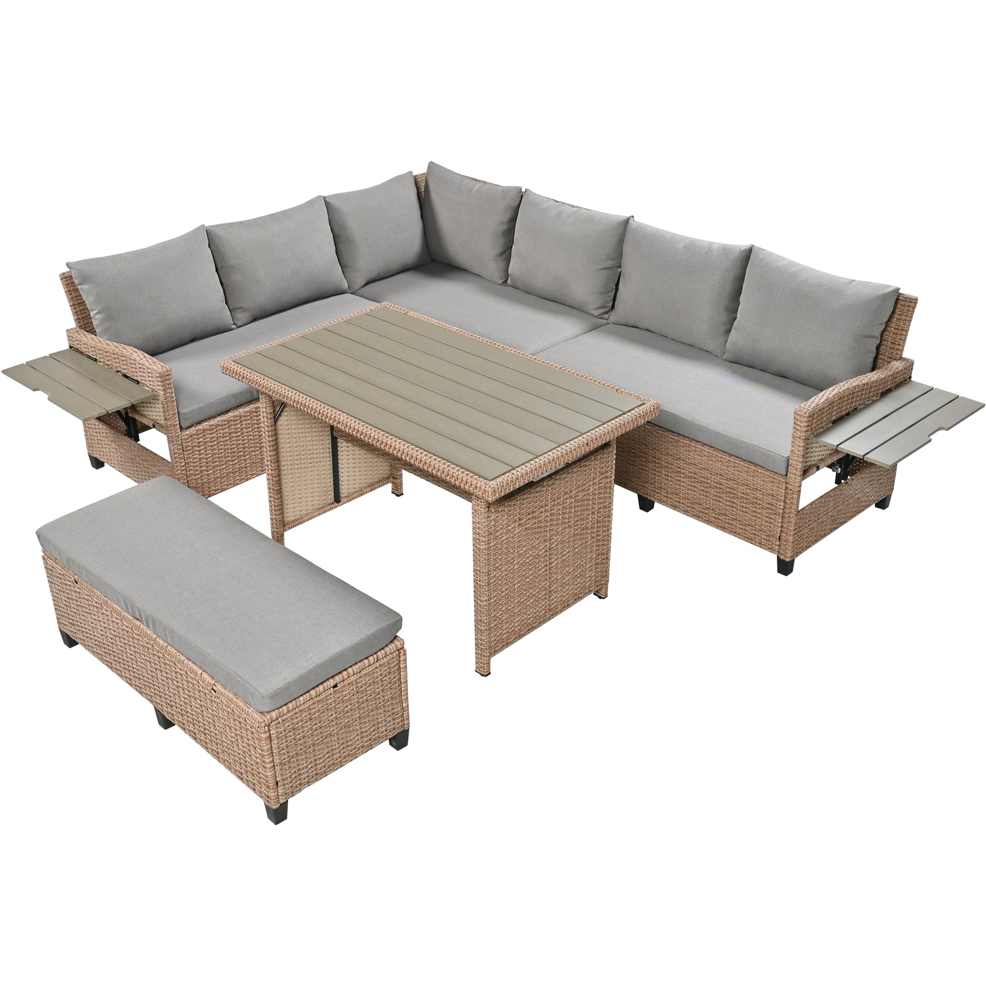TOMAX 5-Piece Outdoor Patio Rattan Sofa Set, Sectional PE Wicker L-Shaped Garden Furniture Set with 2 Extendable Side Tables, Dining Table and Washable Covers for Backyard, Poolside, Indoor, Brown image 11