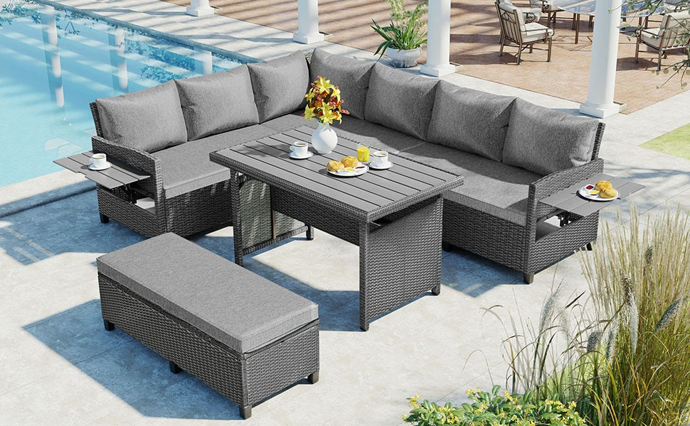 TOMAX 5-Piece Outdoor Patio Rattan Sofa Set, Sectional PE Wicker L-Shaped Garden Furniture Set with 2 Extendable Side Tables, Dining Table and Washable Covers for Backyard, Poolside, Indoor, Grey image 2