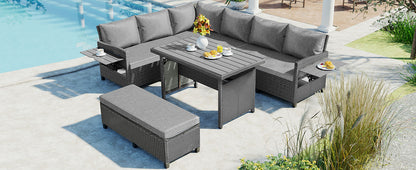 TOMAX 5-Piece Outdoor Patio Rattan Sofa Set, Sectional PE Wicker L-Shaped Garden Furniture Set with 2 Extendable Side Tables, Dining Table and Washable Covers for Backyard, Poolside, Indoor, Grey image 3