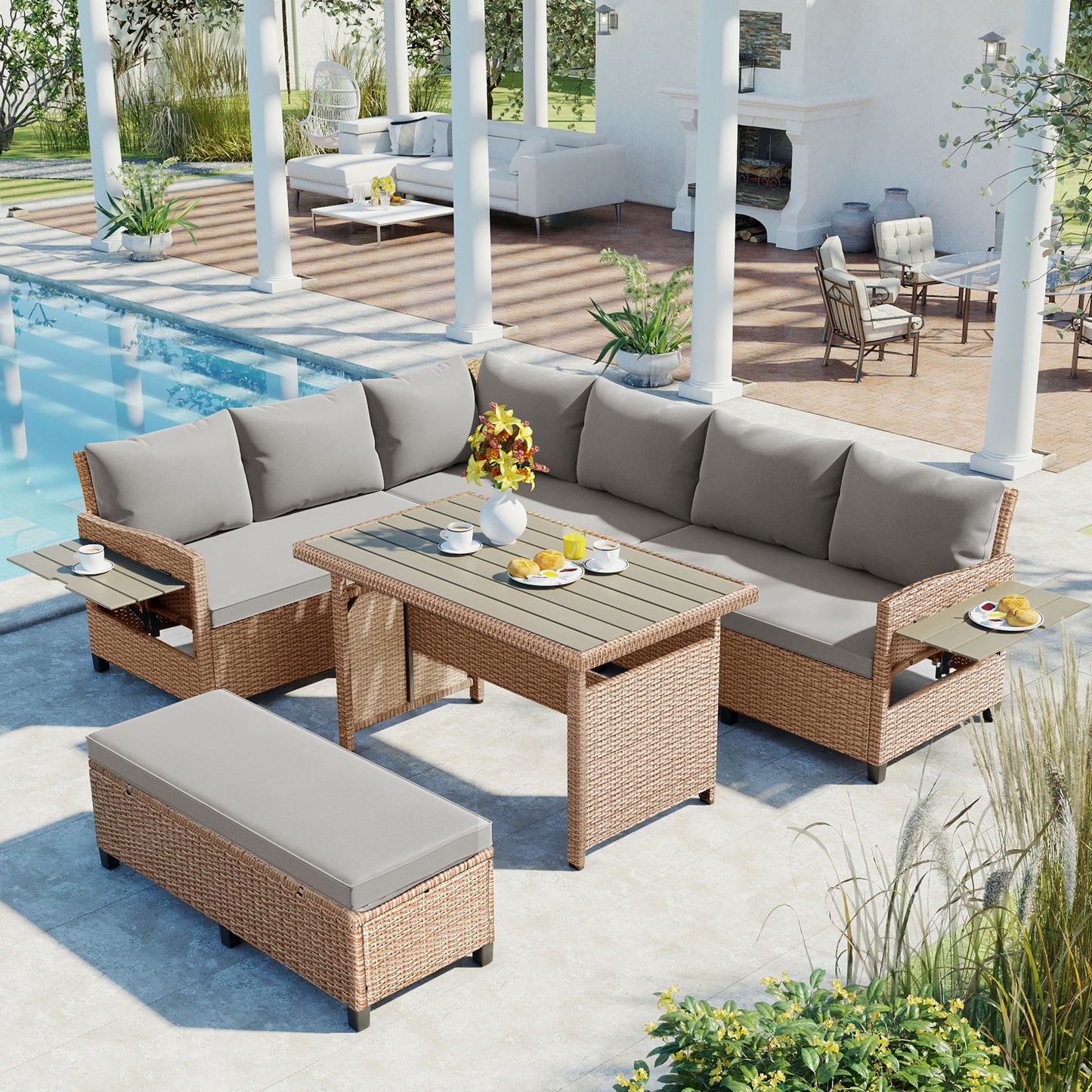 TOMAX 5-Piece Outdoor Patio Rattan Sofa Set, Sectional PE Wicker L-Shaped Garden Furniture Set with 2 Extendable Side Tables, Dining Table and Washable Covers for Backyard, Poolside, Indoor, Brown image 1
