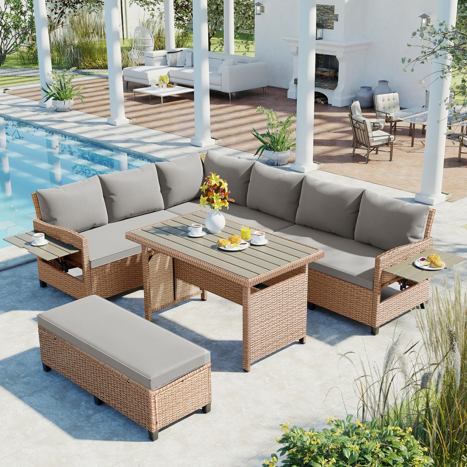 TOMAX 5-Piece Outdoor Patio Rattan Sofa Set, Sectional PE Wicker L-Shaped Garden Furniture Set with 2 Extendable Side Tables, Dining Table and Washable Covers for Backyard, Poolside, Indoor, Brown image 1