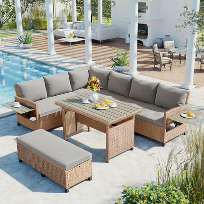 TOMAX 5-Piece Outdoor Patio Rattan Sofa Set, Sectional PE Wicker L-Shaped Garden Furniture Set with 2 Extendable Side Tables, Dining Table and Washable Covers for Backyard, Poolside, Indoor, Brown image 1