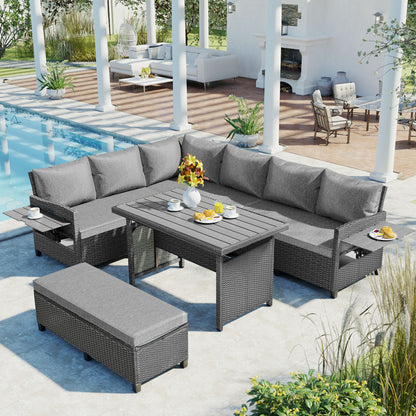 TOMAX 5-Piece Outdoor Patio Rattan Sofa Set, Sectional PE Wicker L-Shaped Garden Furniture Set with 2 Extendable Side Tables, Dining Table and Washable Covers for Backyard, Poolside, Indoor, Grey image 1
