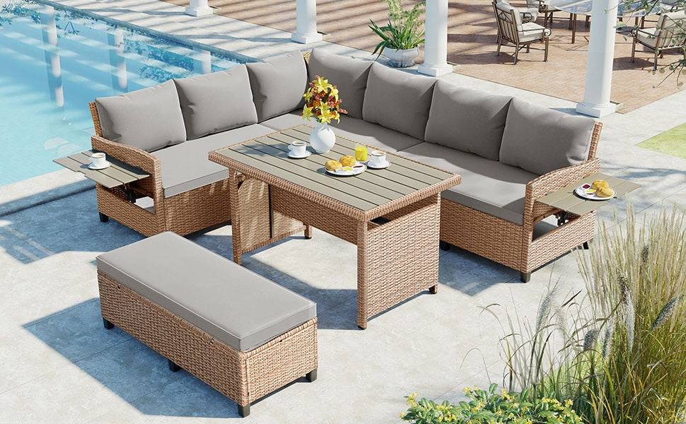 TOMAX 5-Piece Outdoor Patio Rattan Sofa Set, Sectional PE Wicker L-Shaped Garden Furniture Set with 2 Extendable Side Tables, Dining Table and Washable Covers for Backyard, Poolside, Indoor, Brown image 2