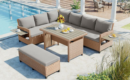 TOMAX 5-Piece Outdoor Patio Rattan Sofa Set, Sectional PE Wicker L-Shaped Garden Furniture Set with 2 Extendable Side Tables, Dining Table and Washable Covers for Backyard, Poolside, Indoor, Brown image 2