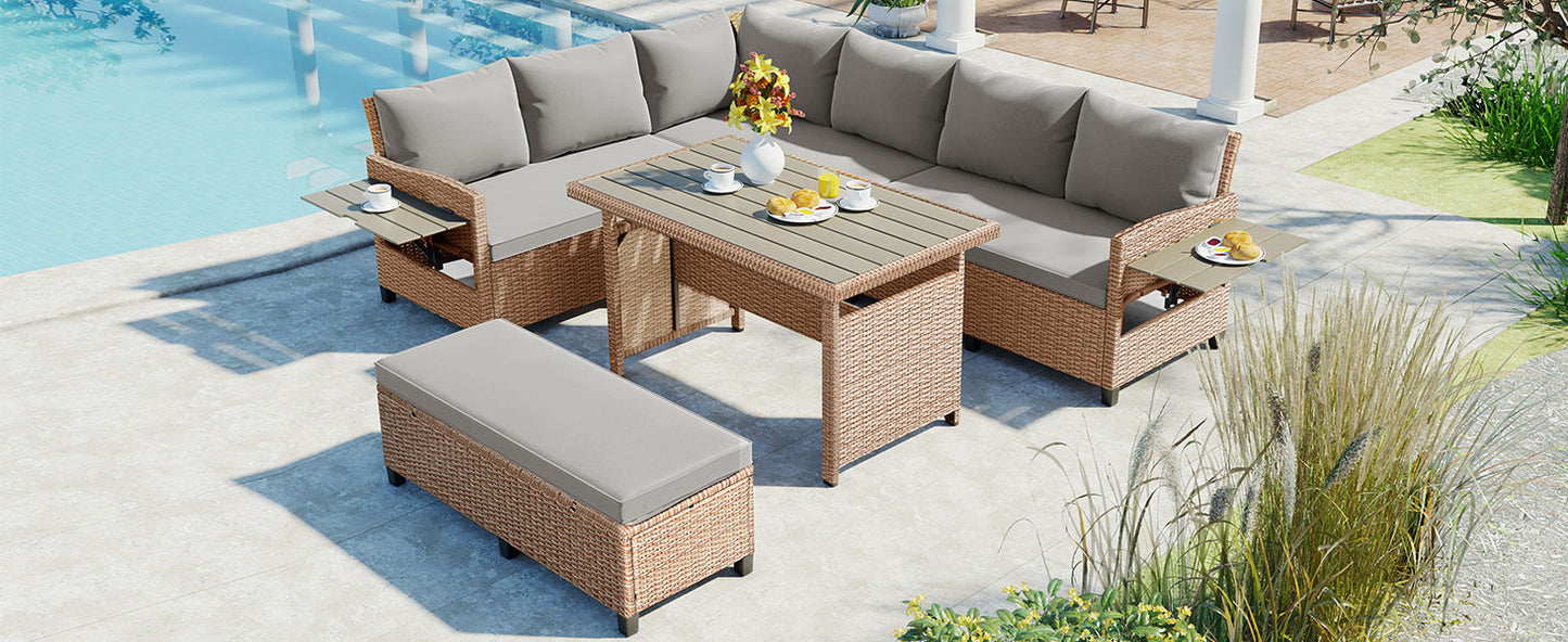 TOMAX 5-Piece Outdoor Patio Rattan Sofa Set, Sectional PE Wicker L-Shaped Garden Furniture Set with 2 Extendable Side Tables, Dining Table and Washable Covers for Backyard, Poolside, Indoor, Brown image 3