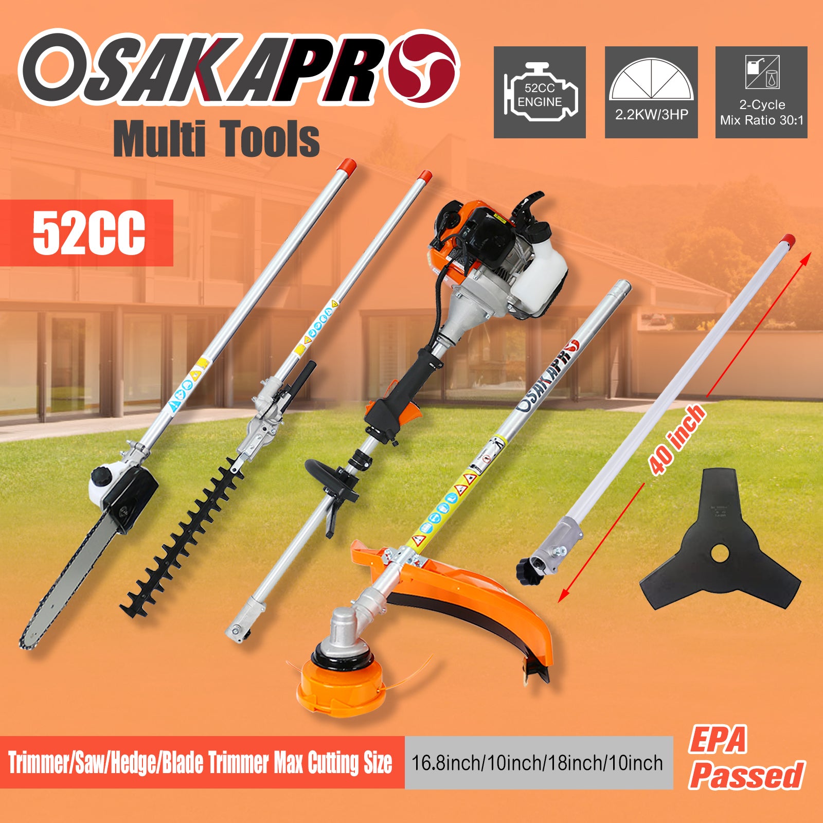 10 in 1 Multi-Functional Trimming Tool, 52CC 2-Cycle Garden Tool System with Gas Pole Saw, Hedge Trimmer, Grass Trimmer, and Brush Cutter EPA Compliant image 2