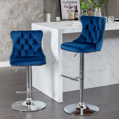 A&A Furniture,Swivel Velvet Barstools Adjusatble Seat Height from 25-33 Inch, Modern Upholstered Chrome base Bar Stools with Backs Comfortable Tufted for Home Pub and Kitchen Island（Blue,Set of 2） image 1