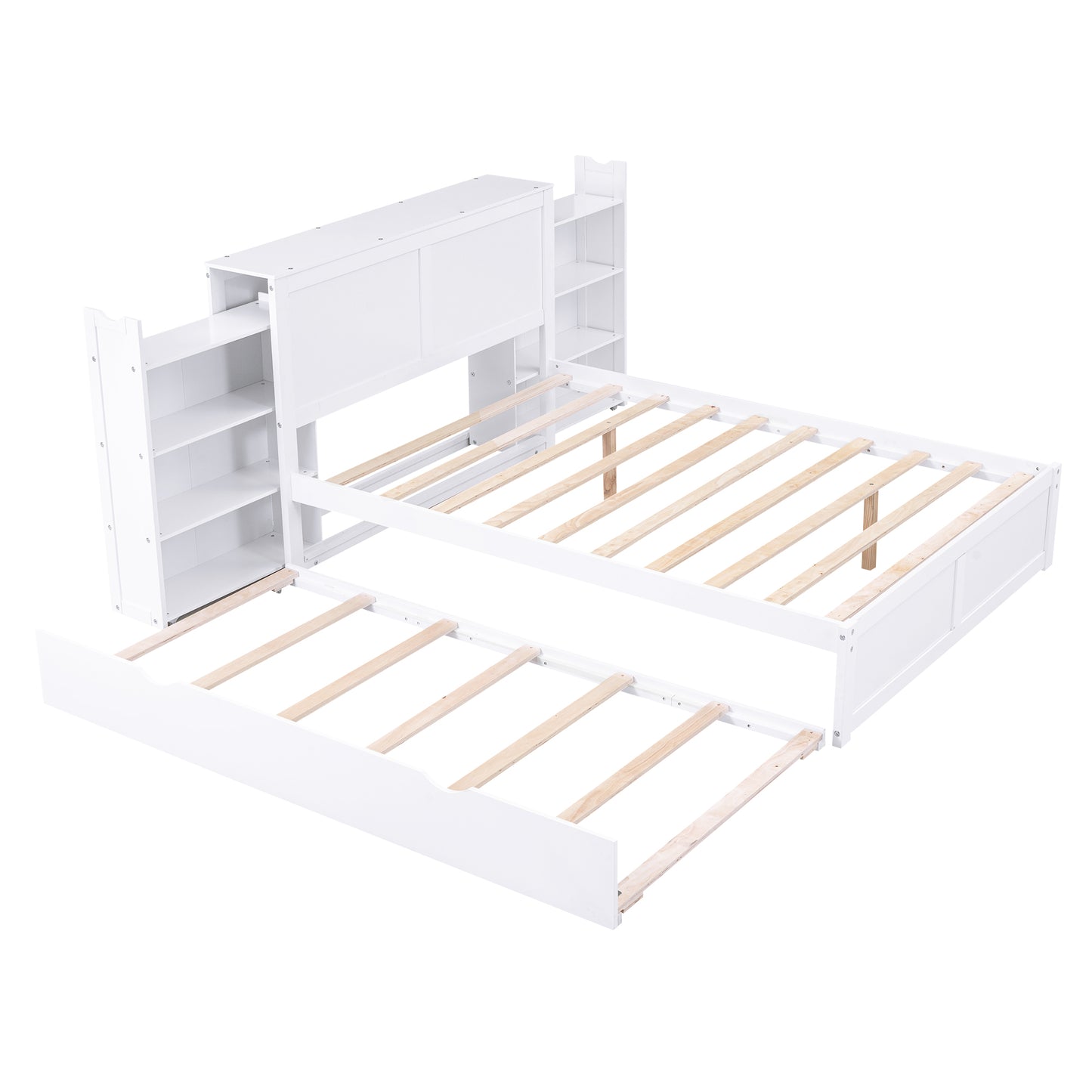 Full Size Storage Platform Bed with Pull Out Shelves and Twin Size Trundle, White image 7