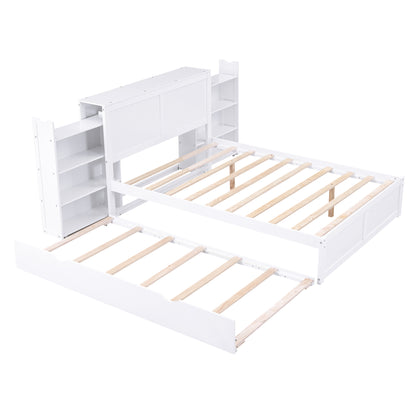 Full Size Storage Platform Bed with Pull Out Shelves and Twin Size Trundle, White image 7