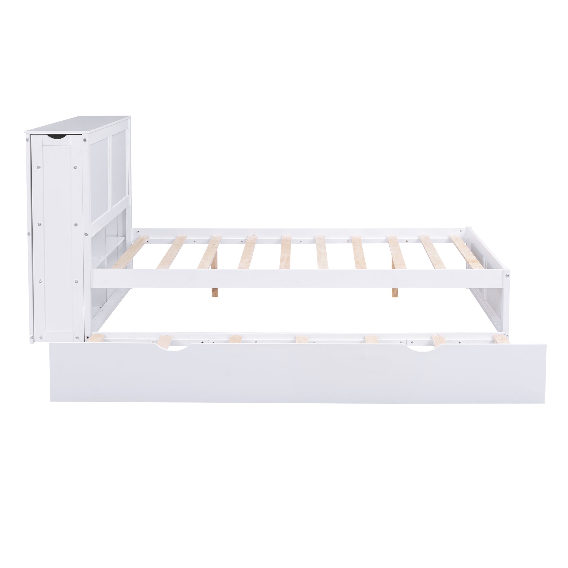 Full Size Storage Platform Bed with Pull Out Shelves and Twin Size Trundle, White image 12