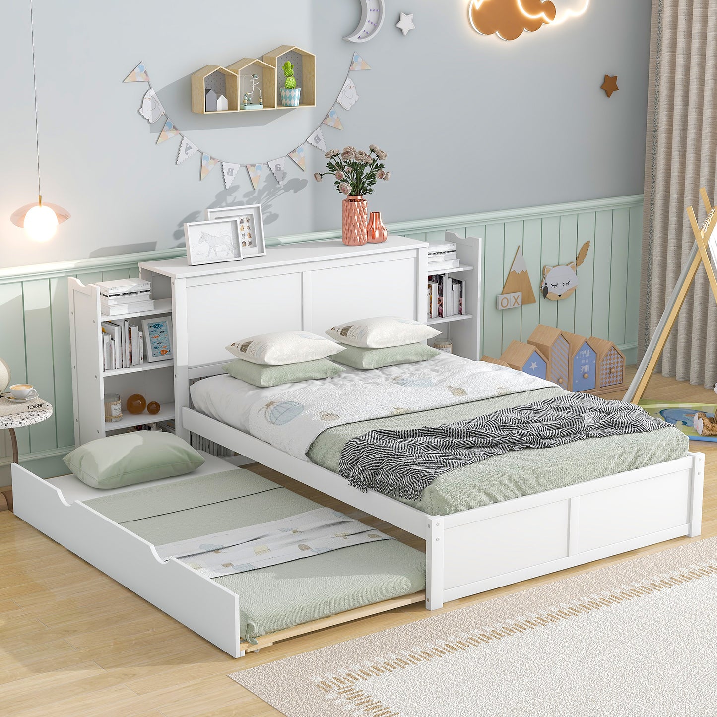 Full Size Storage Platform Bed with Pull Out Shelves and Twin Size Trundle, White image 1