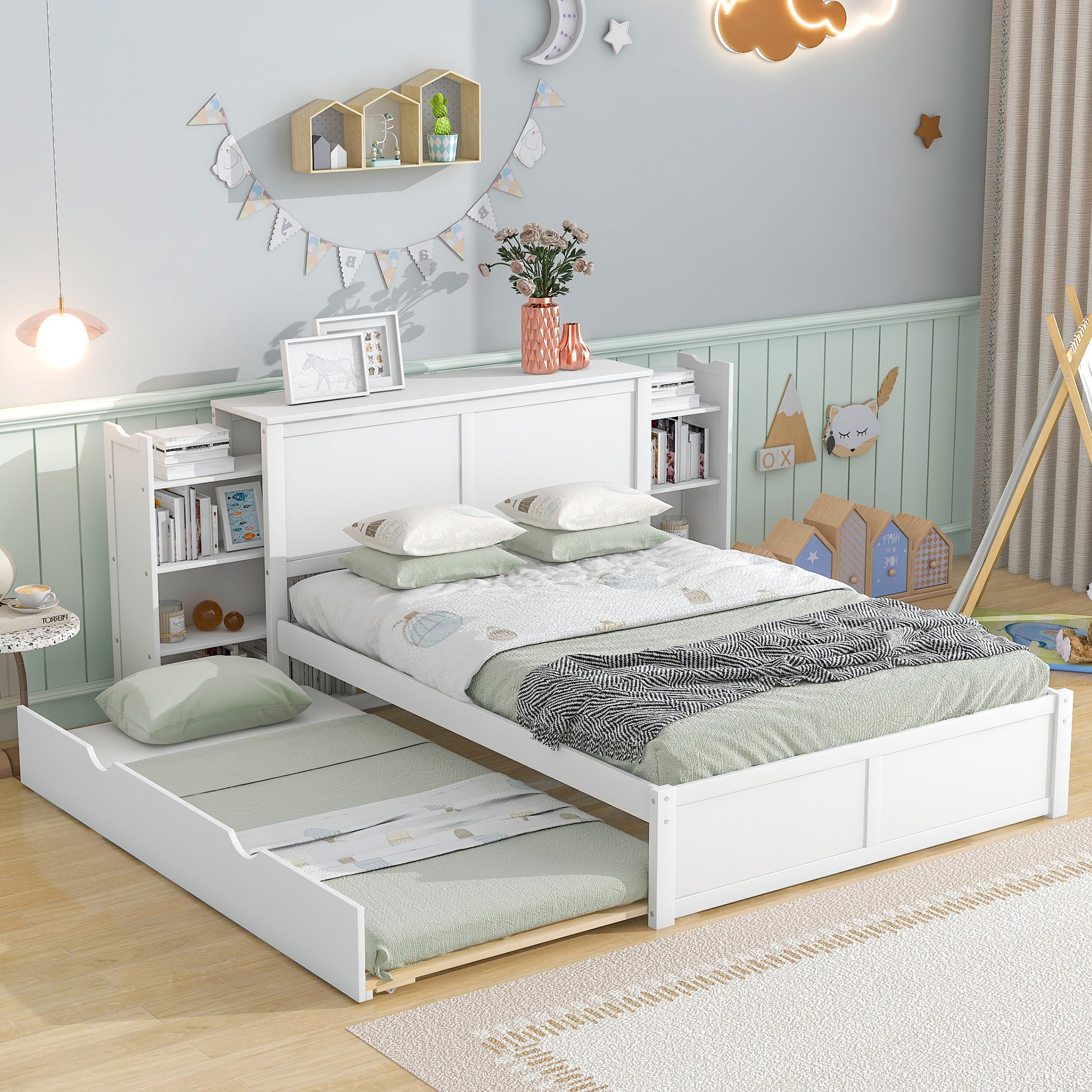 Full Size Storage Platform Bed with Pull Out Shelves and Twin Size Trundle, White image 1