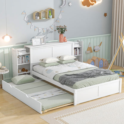 Full Size Storage Platform Bed with Pull Out Shelves and Twin Size Trundle, White image 1
