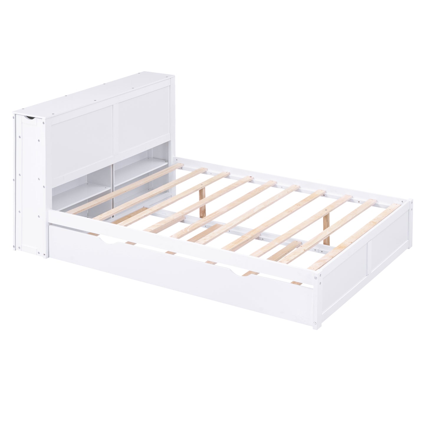 Full Size Storage Platform Bed with Pull Out Shelves and Twin Size Trundle, White image 9