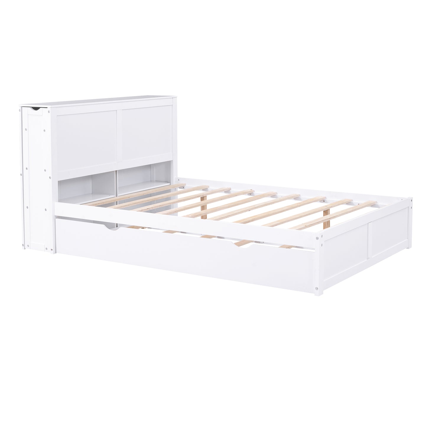 Full Size Storage Platform Bed with Pull Out Shelves and Twin Size Trundle, White image 11