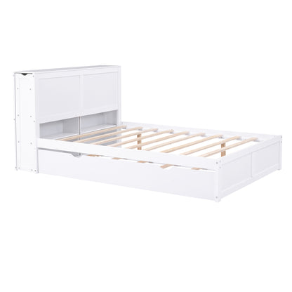 Full Size Storage Platform Bed with Pull Out Shelves and Twin Size Trundle, White image 11