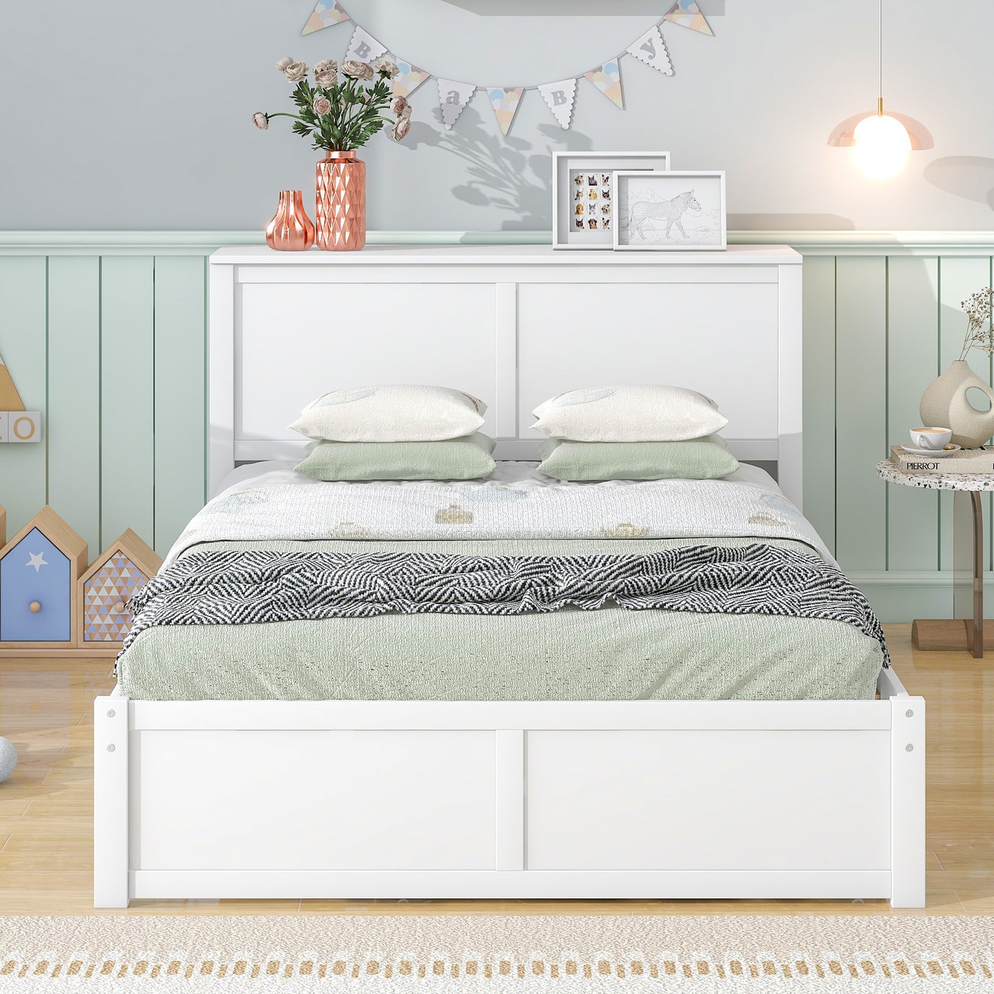 Full Size Storage Platform Bed with Pull Out Shelves and Twin Size Trundle, White image 3