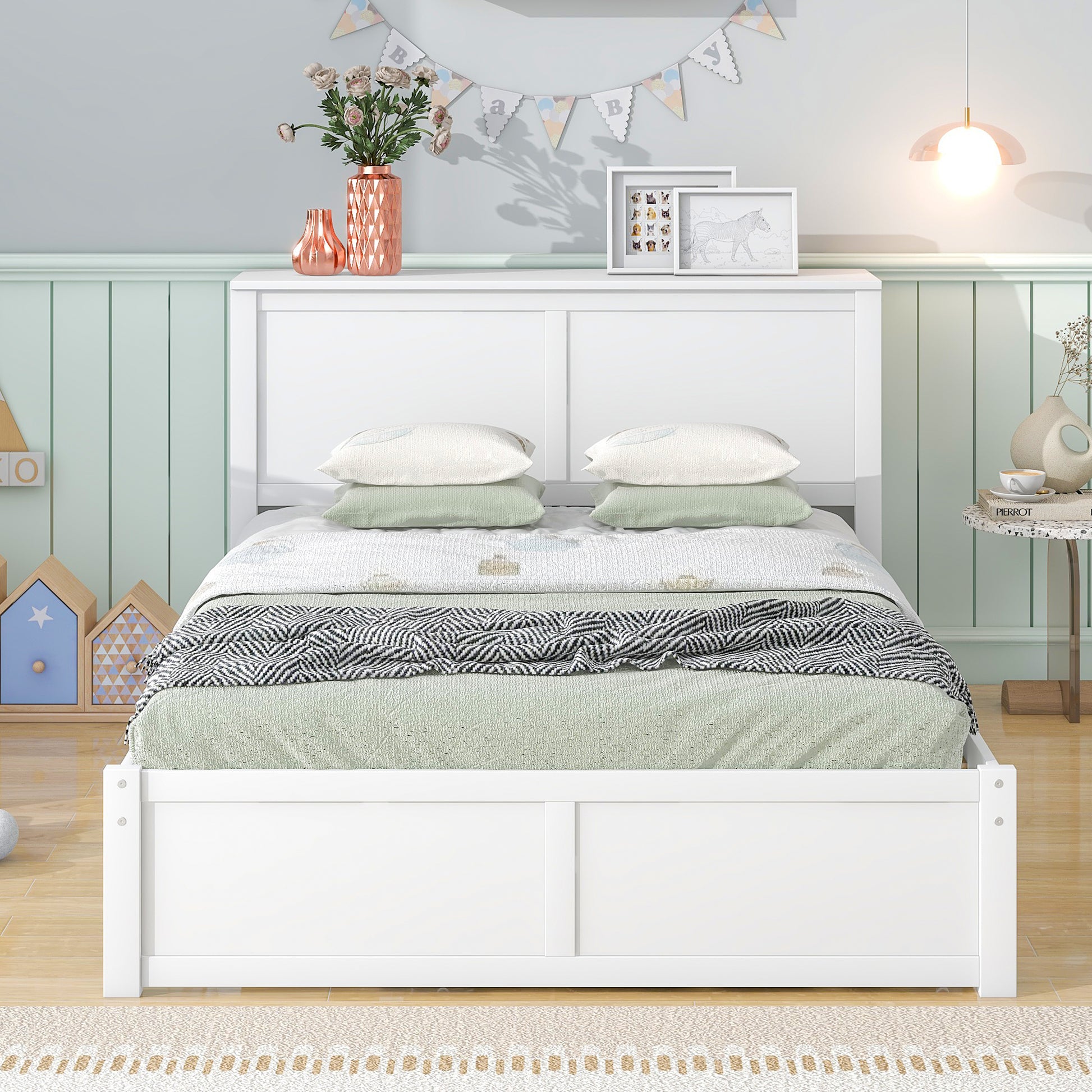 Full Size Storage Platform Bed with Pull Out Shelves and Twin Size Trundle, White image 3