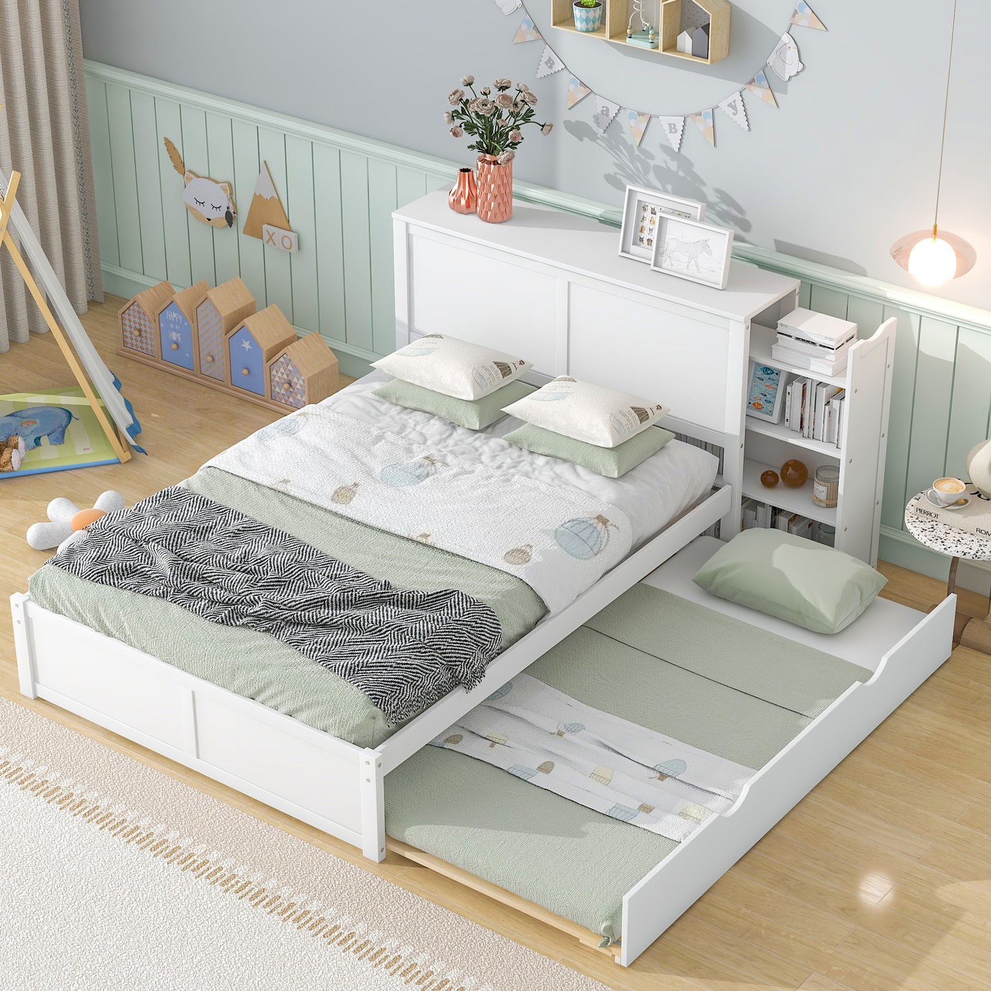 Full Size Storage Platform Bed with Pull Out Shelves and Twin Size Trundle, White image 2
