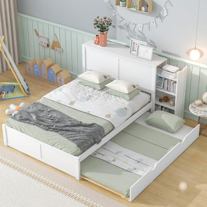 Full Size Storage Platform Bed with Pull Out Shelves and Twin Size Trundle, White image 2