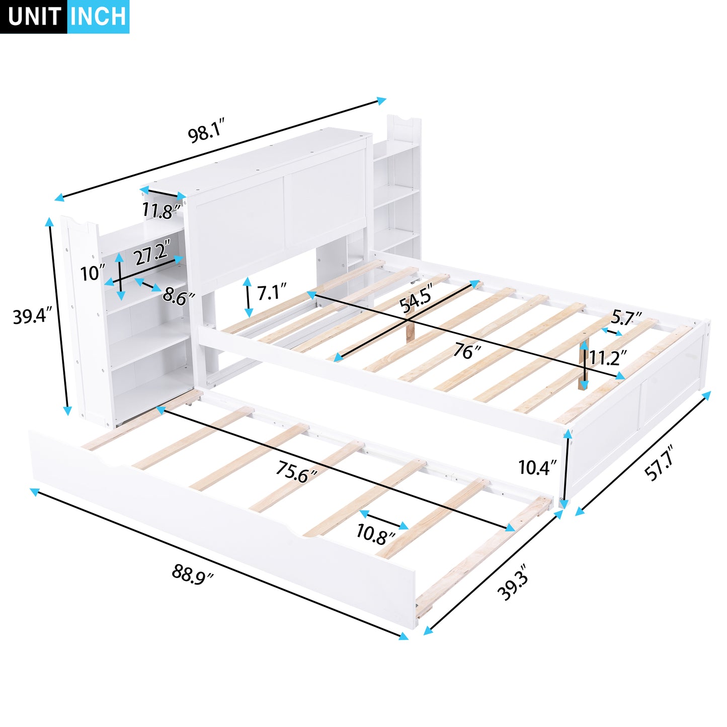 Full Size Storage Platform Bed with Pull Out Shelves and Twin Size Trundle, White image 5