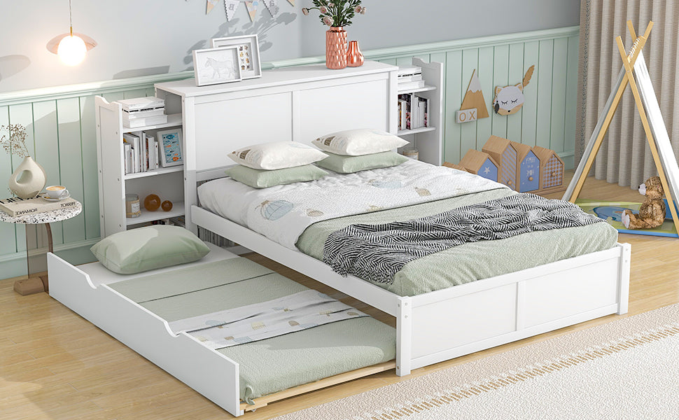 Full Size Storage Platform Bed with Pull Out Shelves and Twin Size Trundle, White image 6