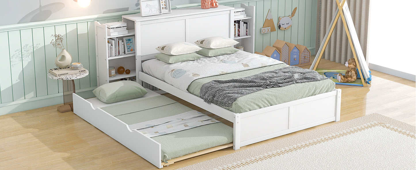 Full Size Storage Platform Bed with Pull Out Shelves and Twin Size Trundle, White image 4