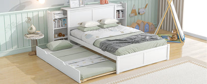 Full Size Storage Platform Bed with Pull Out Shelves and Twin Size Trundle, White image 4