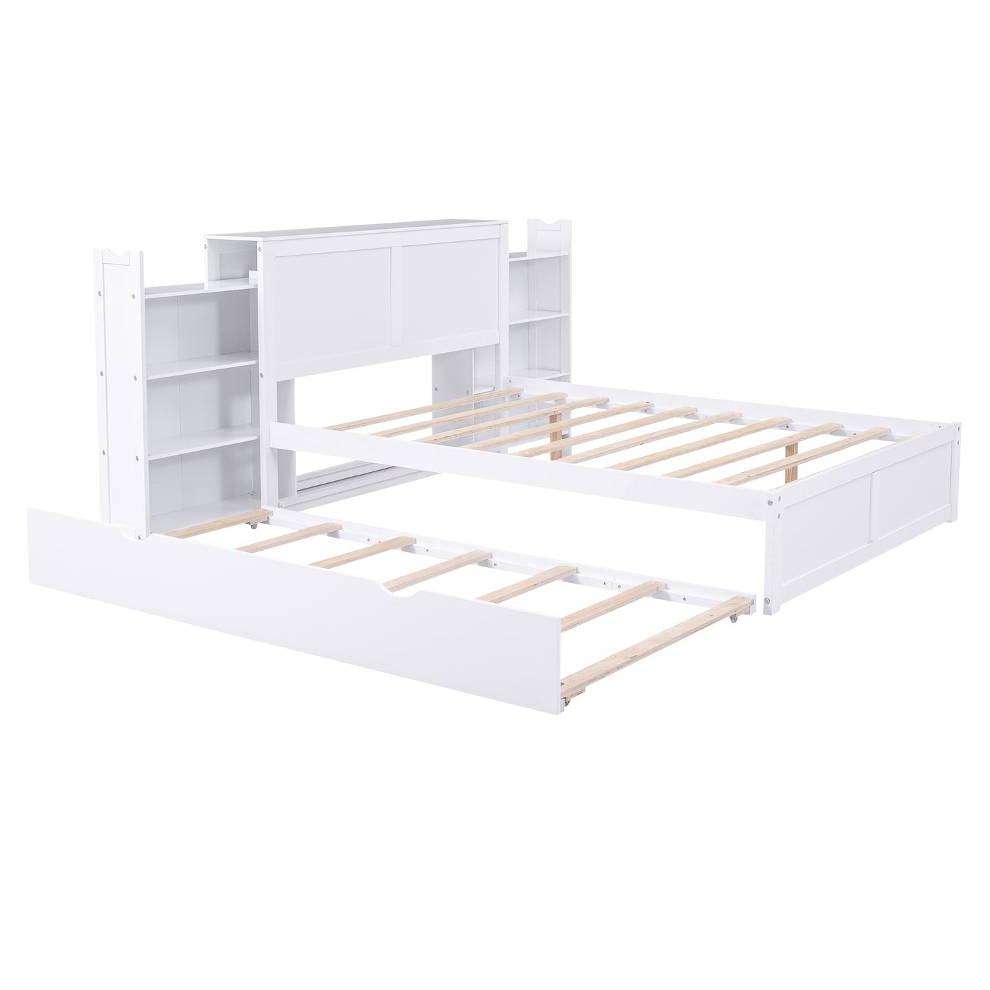 Full Size Storage Platform Bed with Pull Out Shelves and Twin Size Trundle, White image 10