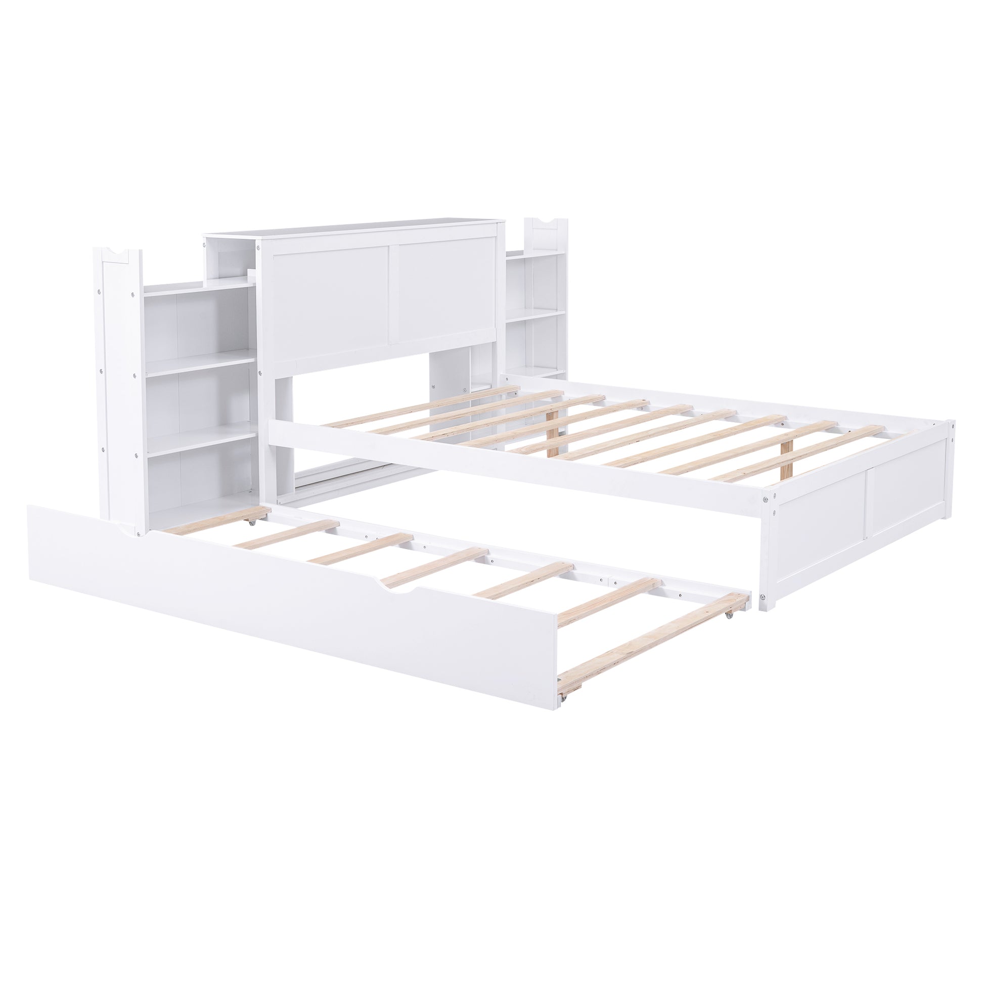Full Size Storage Platform Bed with Pull Out Shelves and Twin Size Trundle, White image 10