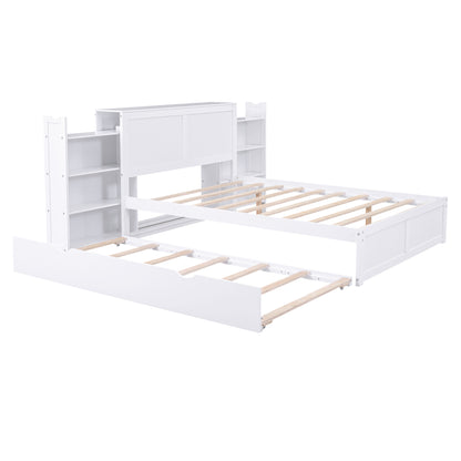 Full Size Storage Platform Bed with Pull Out Shelves and Twin Size Trundle, White image 10