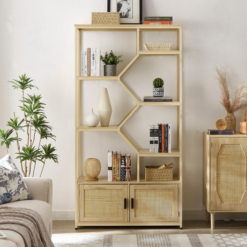 Natural Kitchen Storage Cabinet with Rattan Decorative Doors - 31.5"W