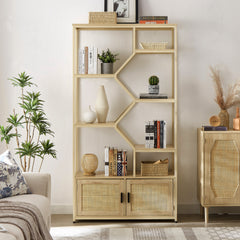 Natural Kitchen Storage Cabinet with Rattan Decorative Doors - 31.5"W