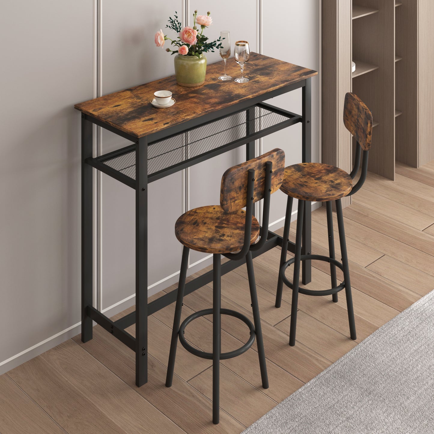 Bar table, equipped with 2 bar stools, with backrest and partition (Rustic Brown) image 4