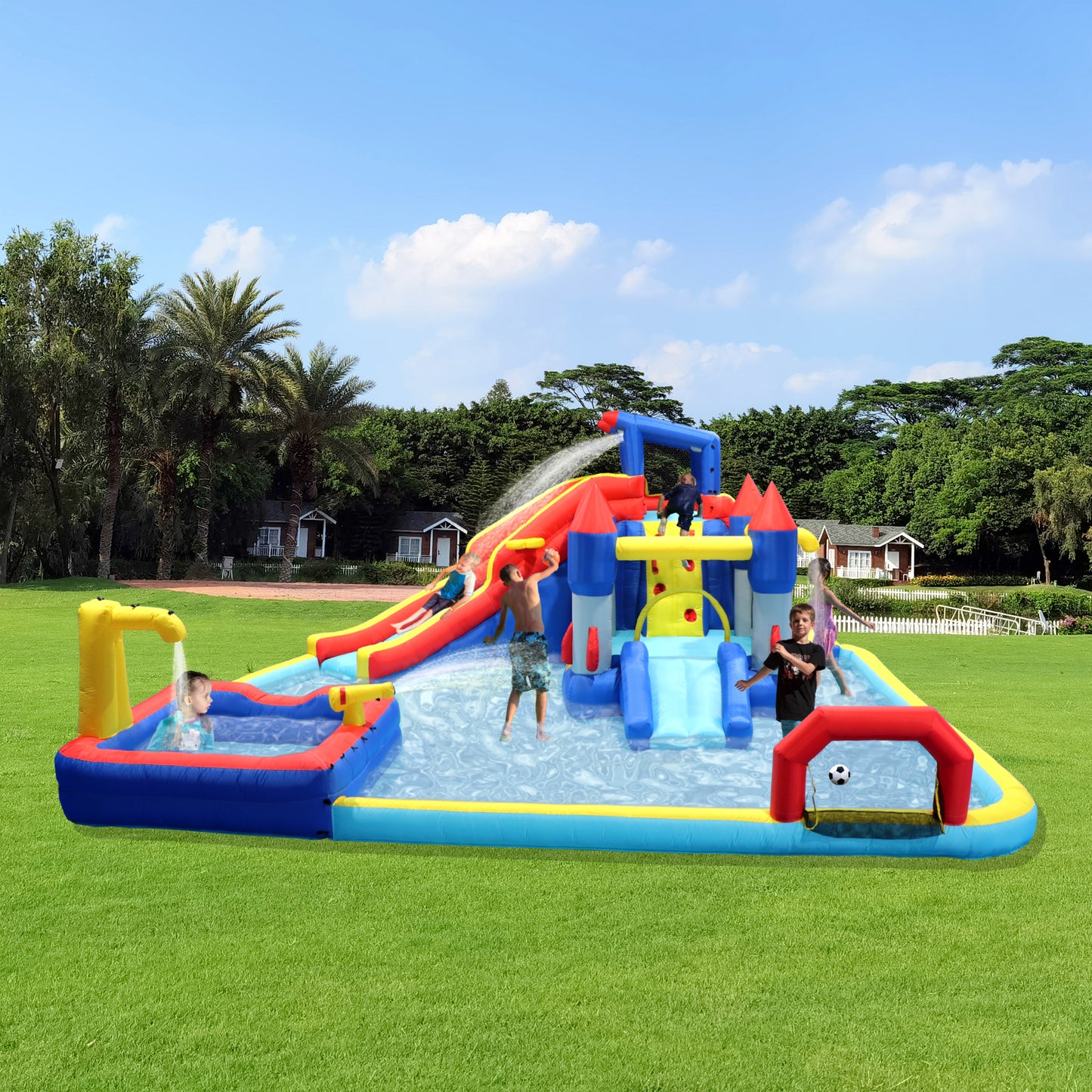 10 in1 Inflatable slide water park bouncing house garden with splash pool & water gun & basketball & climbing wall & dual pools & soccer image 10