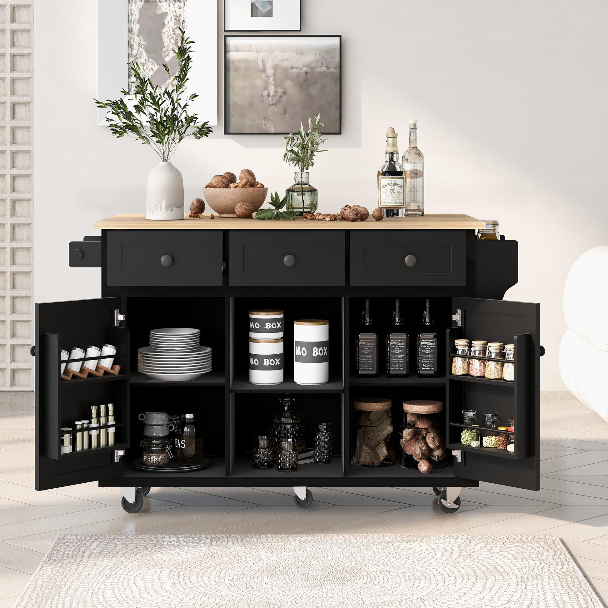 Kitchen Cart with Rubber wood Drop-Leaf Countertop,Cabinet door internal storage racks,Kitchen Island on 5 Wheels with Storage Cabinet and 3 Drawers for Dinning Room, Black image 1