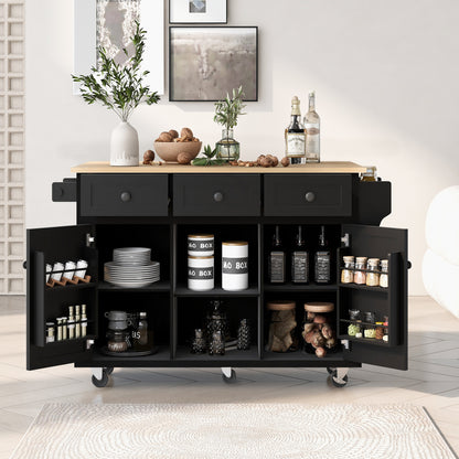 Kitchen Cart with Rubber wood Drop-Leaf Countertop,Cabinet door internal storage racks,Kitchen Island on 5 Wheels with Storage Cabinet and 3 Drawers for Dinning Room, Black image 1