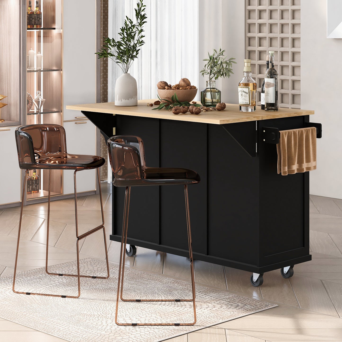 Kitchen Cart with Rubber wood Drop-Leaf Countertop,Cabinet door internal storage racks,Kitchen Island on 5 Wheels with Storage Cabinet and 3 Drawers for Dinning Room, Black image 9