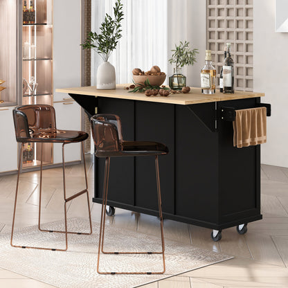 Kitchen Cart with Rubber wood Drop-Leaf Countertop,Cabinet door internal storage racks,Kitchen Island on 5 Wheels with Storage Cabinet and 3 Drawers for Dinning Room, Black image 9