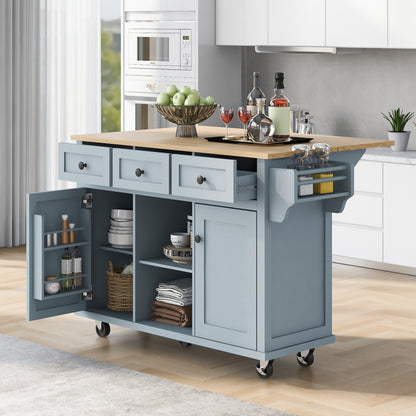 Kitchen Cart with Rubber wood Drop-Leaf Countertop,Cabinet door internal storage racks,Kitchen Island on 5 Wheels with Storage Cabinet and 3 Drawers for Dinning Room, Grey Blue image 7