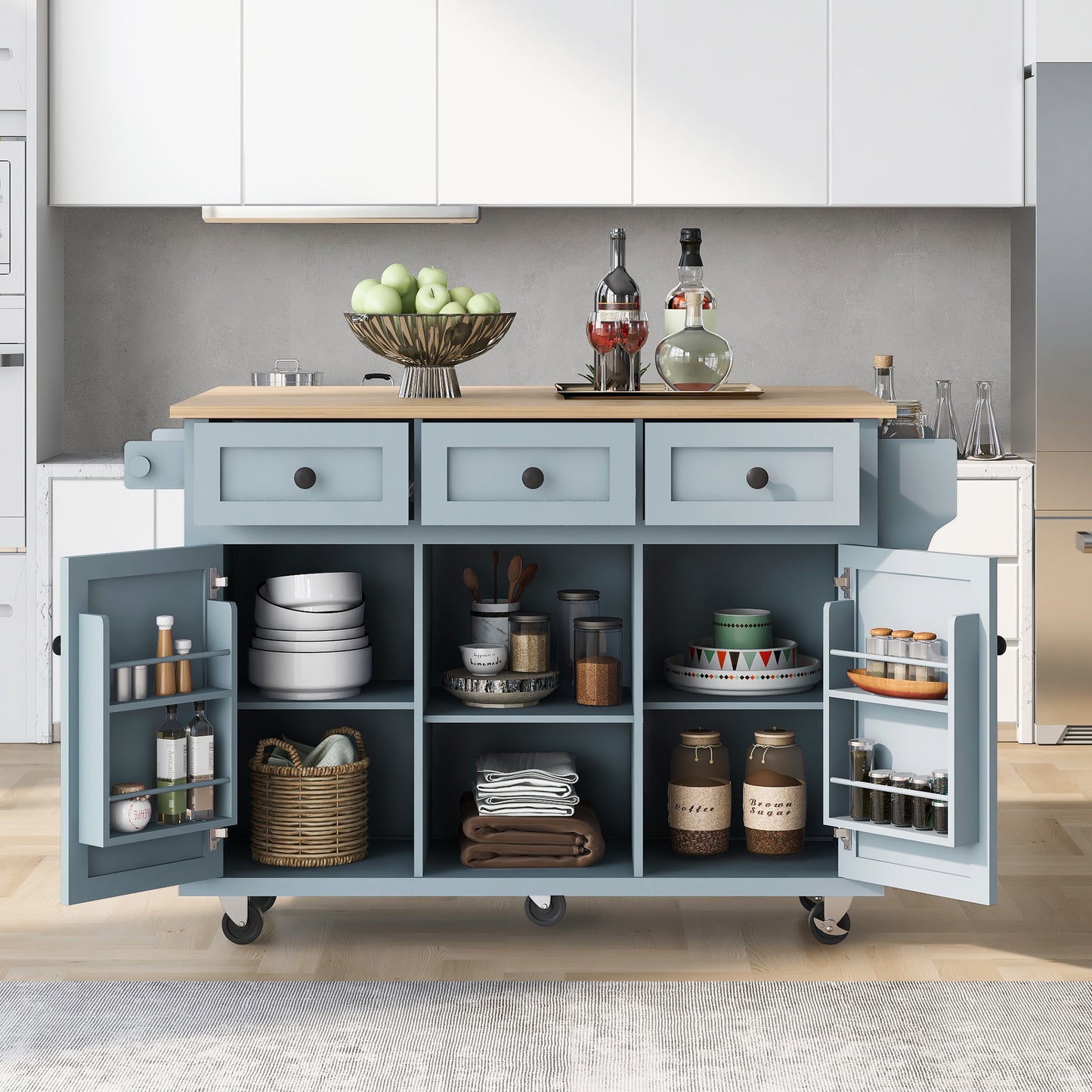 Kitchen Cart with Rubber wood Drop-Leaf Countertop,Cabinet door internal storage racks,Kitchen Island on 5 Wheels with Storage Cabinet and 3 Drawers for Dinning Room, Grey Blue image 1